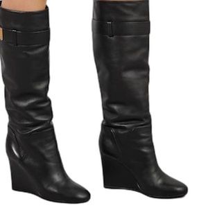 Louis Vuitton Black Leather Wedge Boots (SIZE 37.5) w/GOLD LV Buckle